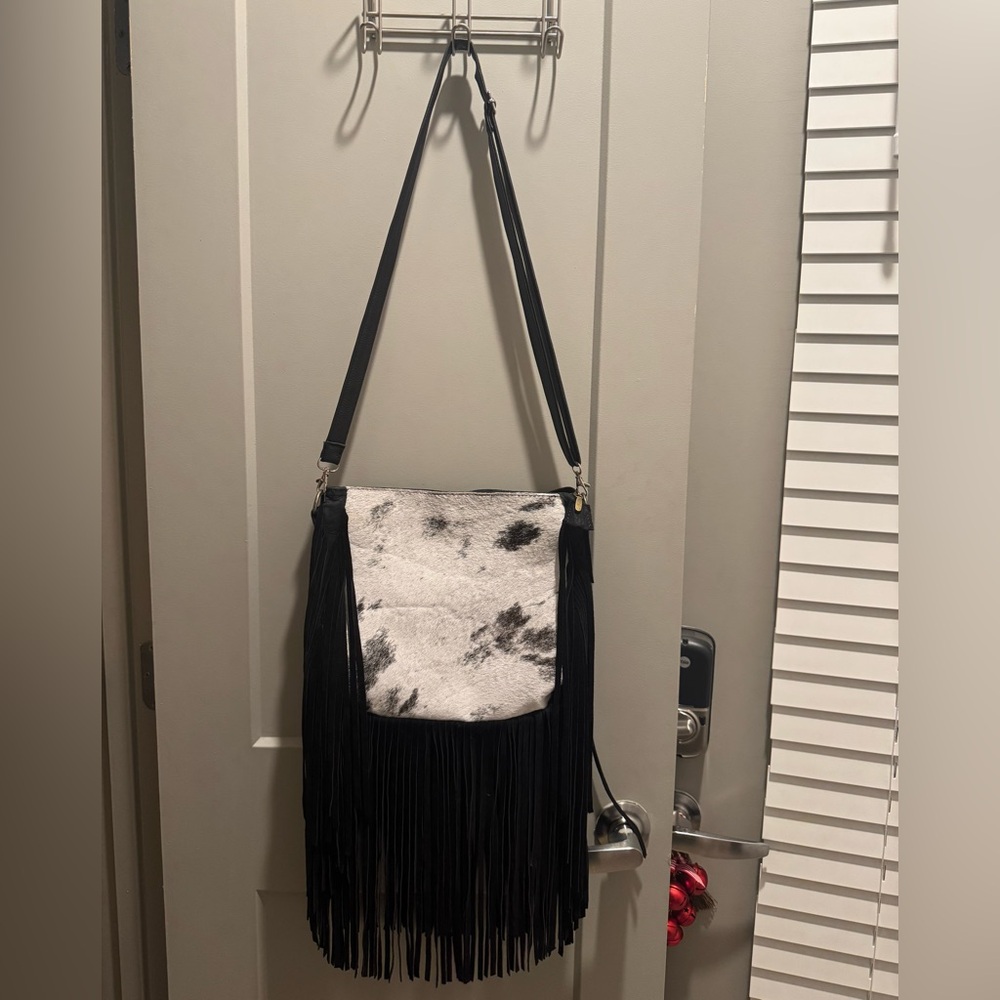 Genuine leather and cow hide crossbody fringe bag